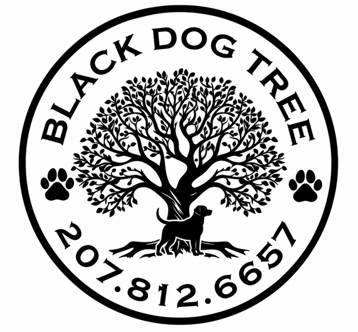 Black Dog Tree Service logo: a tree with a black dog beneath it
